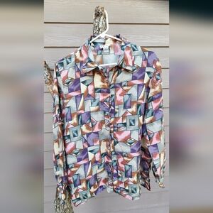 Abstract Geometric Button-Up Shirt in Purple, Cream, Rust & Teal